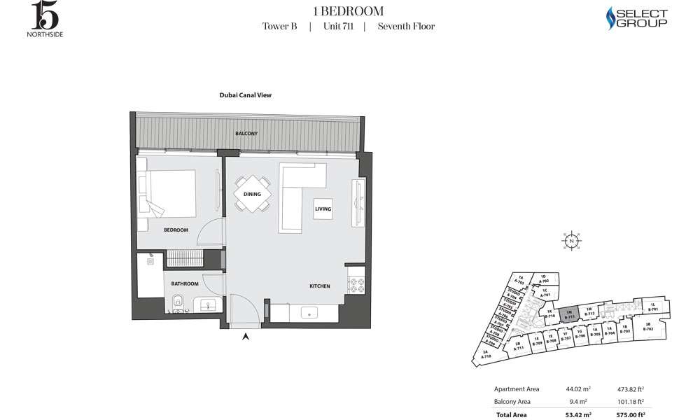Tower B, 1 Bedroom, Unit 711, Seventh Floor